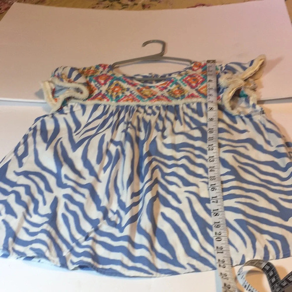 THML Anthropologie Embroidered Animal Print Blue Striped Boho Top Fringe Small - Picture 9 of 11